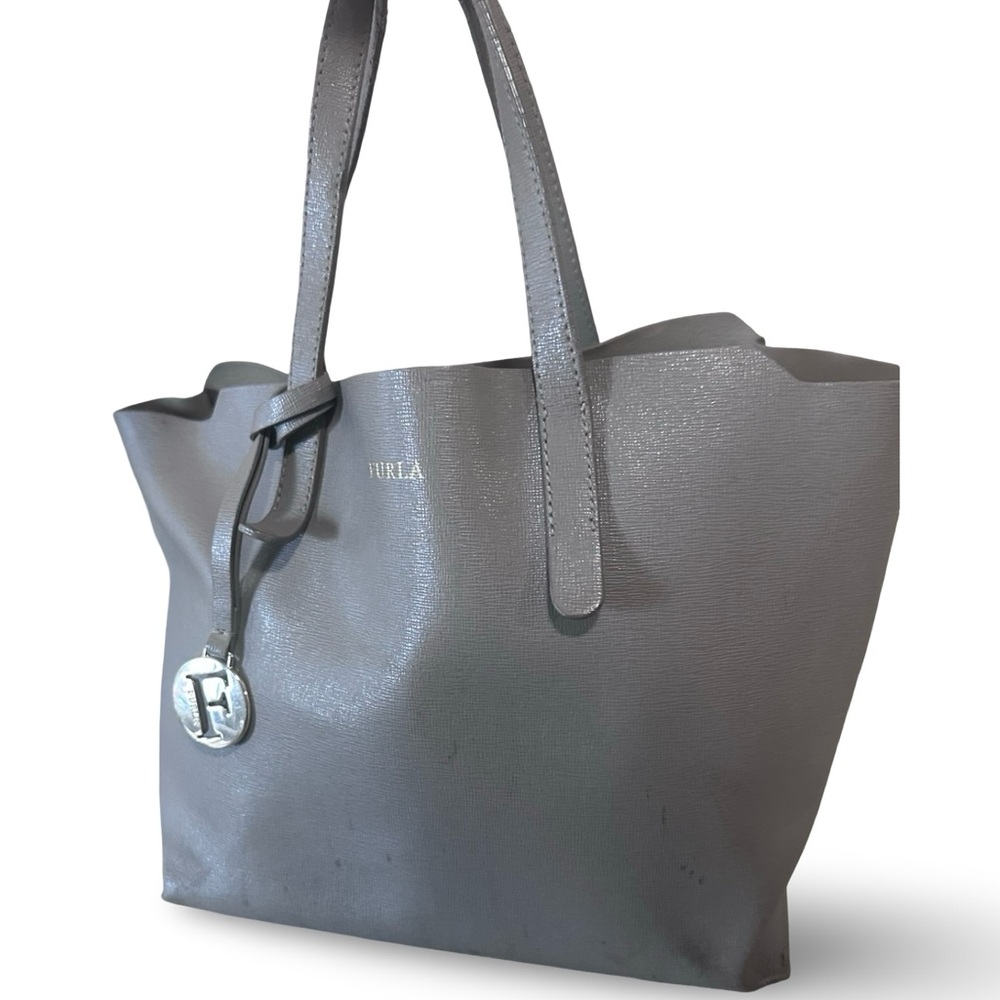 Furla Gray Textured Leather Tote with Logo Charm